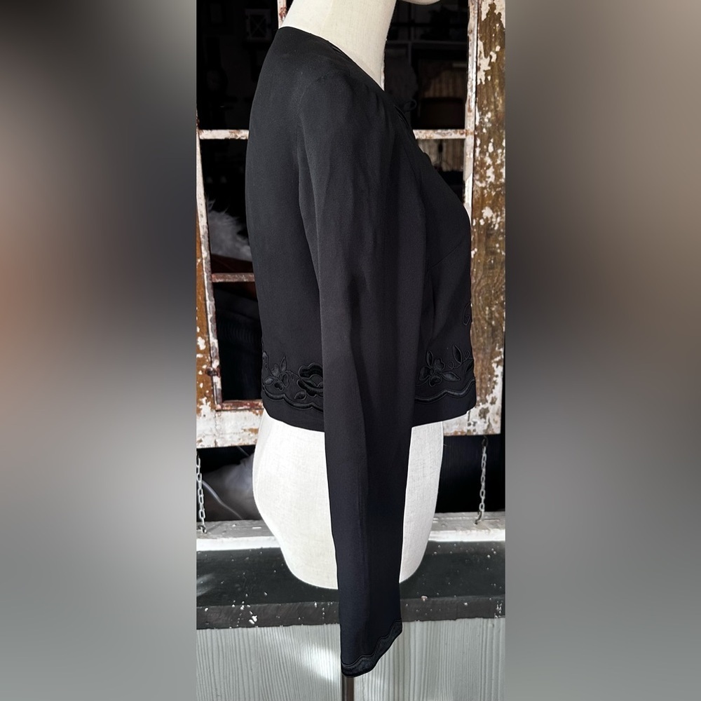 Talbots 2 Petite Black Embroidered Cropped Jacket | Floral Corded Detail - Picture 3 of 8